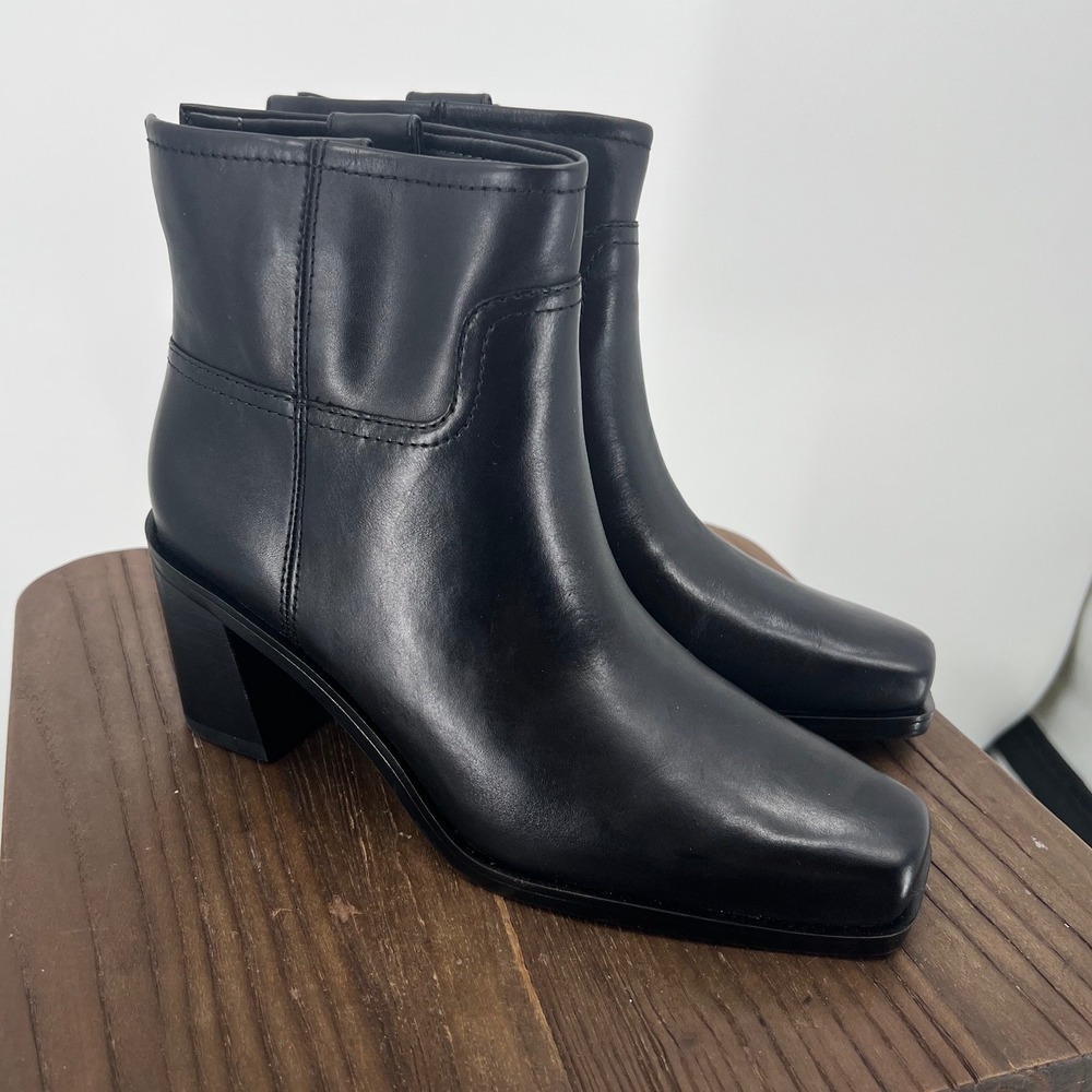 Franco Sarto Black Leather Square Toe Block Heel Ankle Boots Sartorial 6.5M NWOT